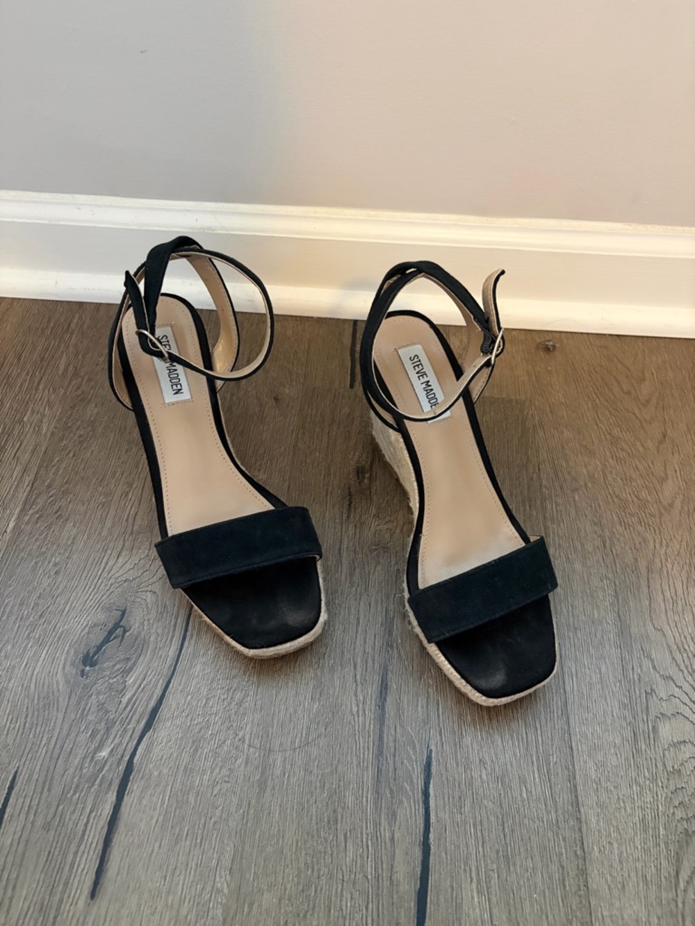 Steve Madden Black Suede Ankle Strap Espadrille Wedge Sandals - Women